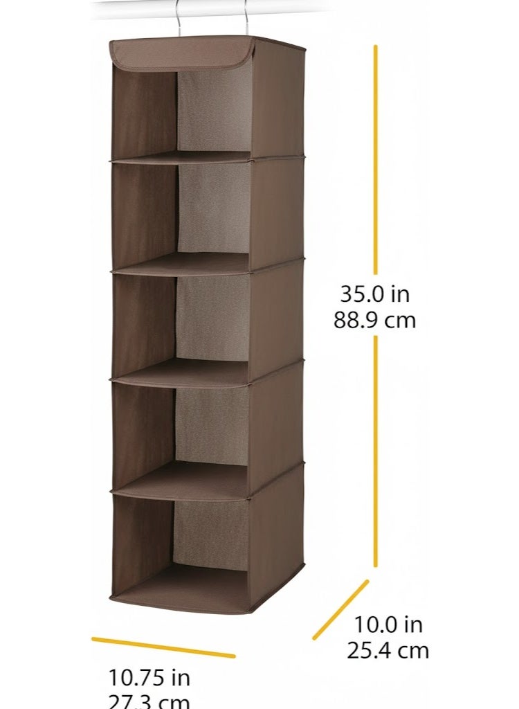 RollsTimi  5-Shelf Hanging Closet Organiser with Metal Frame & 6 Side Pockets - Brown (88.9cm Height) - Image 3